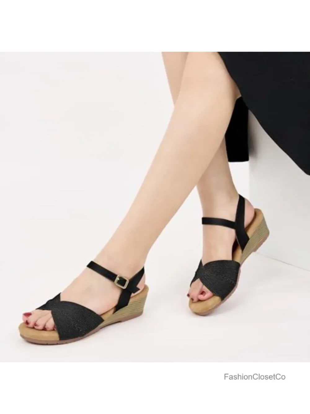 Comfortable Open Toe Wedge Sandals with Ankle Strap Buckle